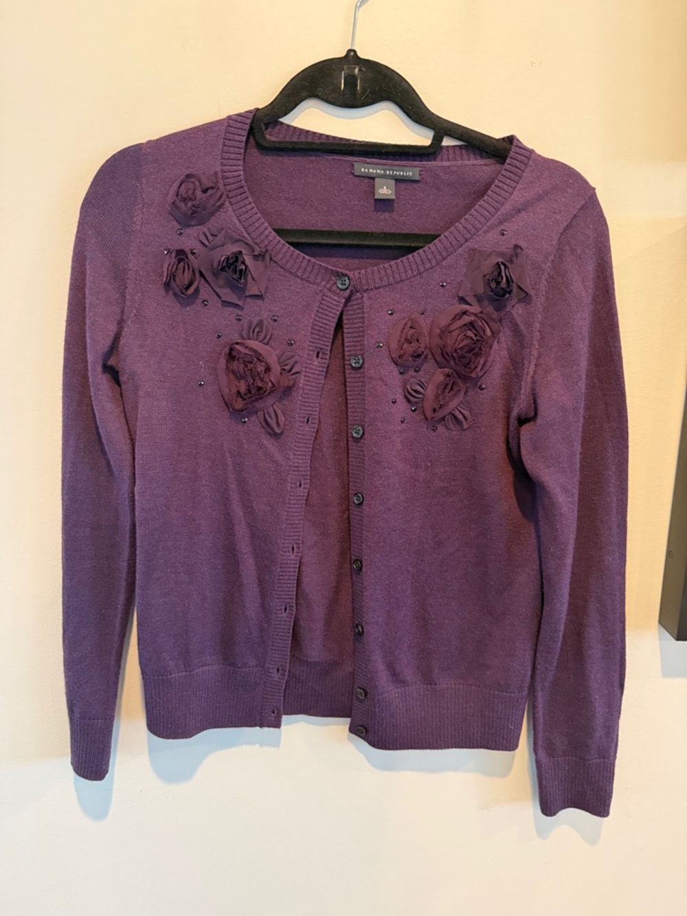 Banana Republic Purple Floral Appliqué Button-Front Cardigan